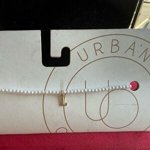 Urban Outfitters White Pearl Necklace with Gold 'L' Pendant